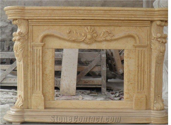 Natural Silvia Sunny Yellow Marble Carved Flower Decoration Fireplace Mantel Fireplace Surround for Hotel Villa House