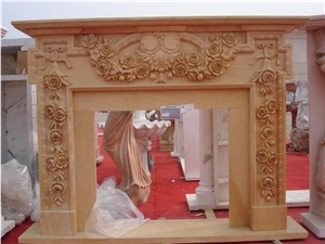 Natural Yellow Sandstone Carved Rose Decoration Fireplace Mantel Frame for Hotel Villa House Interior