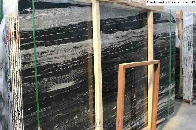 China Black and White Wooden Vein-A3 Slabs & Tiles, Silver Dragon Black Marble Slabs & Tiles