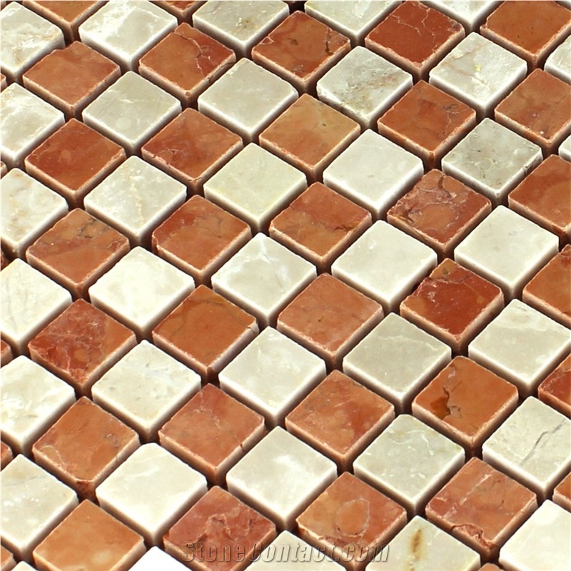 Botticino Marble +Rosso Verona Polished Mosaic