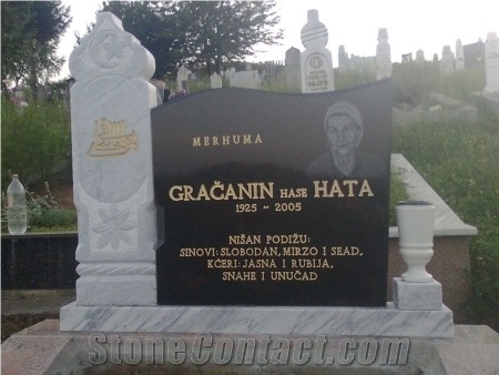 Engraved Absolute Black Granite and Sivec White Marble Headstones