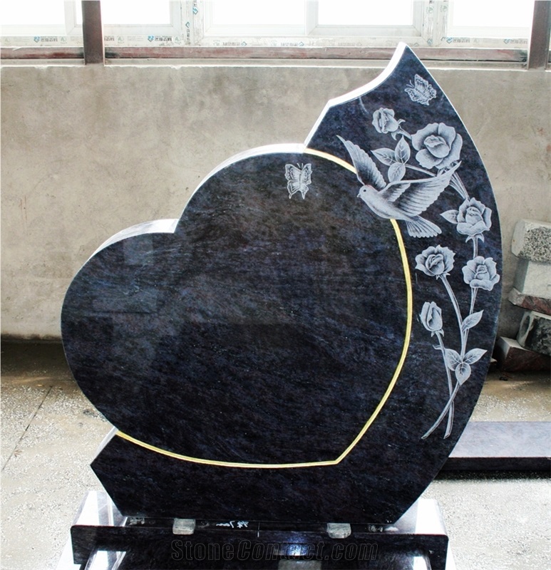 Bahama Blue Granite European Tombstone and Monument with Engraving, Heart Shape