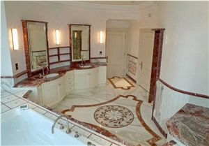Rosso Maremma Marble and Botticino Marble Bathroom Design
