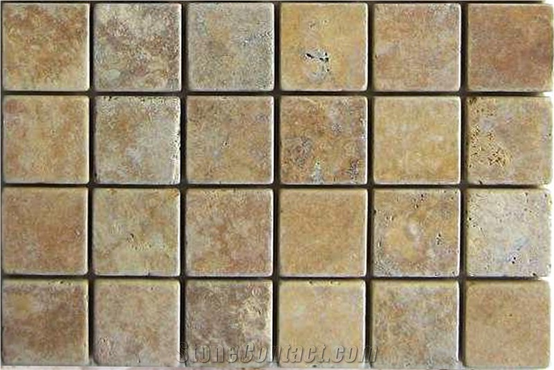 Tumbled Travertine Colored Mosaic, Scabos Brown Travertine Mosaic