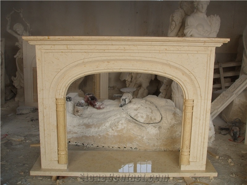 Beige Limestone Fireplace Surround and Insert, China Beige Limestone