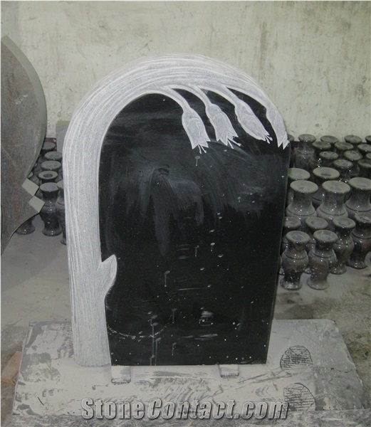 China Natural Stone ,Absolute Black ,Shanxi Black Granite with White Flower Carving Monument ,Western and Europe ,Poland Style Tombstone , Engraved and Carved Head Stone