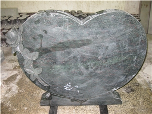 Green Granite Single Heart Headstone with Flower Carving