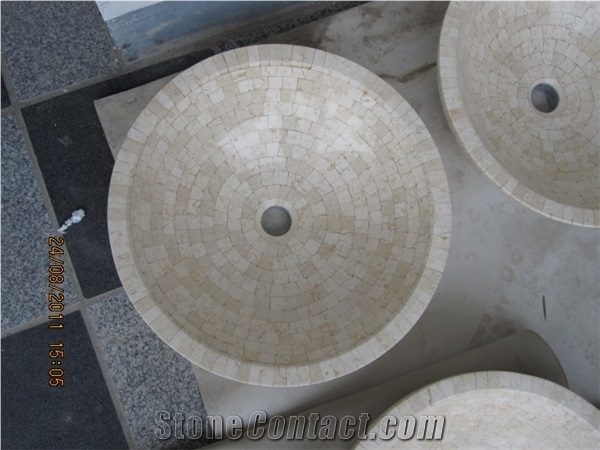 Oval Shape Marble Sink, Cream Marfil Marble Mosaic Stone Sink, Hot Sell China Polished Round Stone Sink