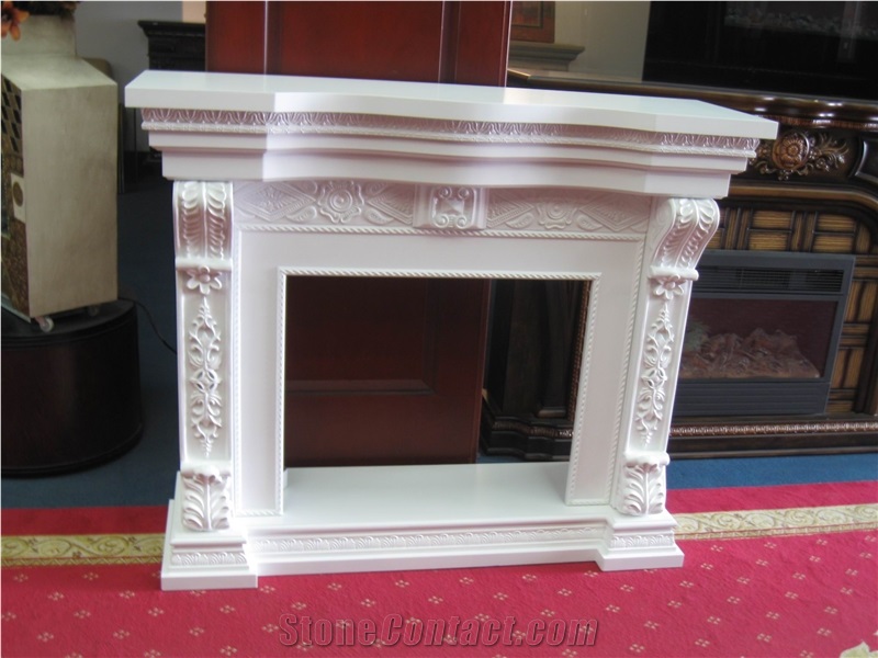 Corinthian Columns Sculptured White Marble Fireplace Mantel