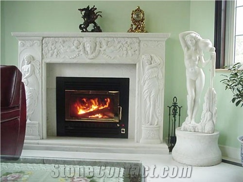 Corinthian Columns Sculptured White Marble Fireplace Mantel