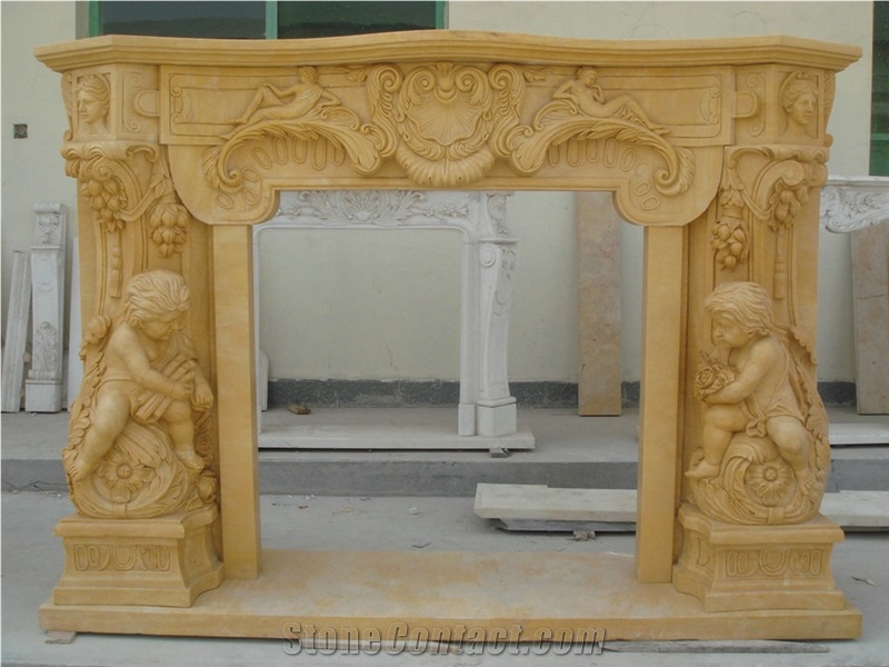 Human Sculptured Brown Marble Fireplace Mantel with Flower Sculptured