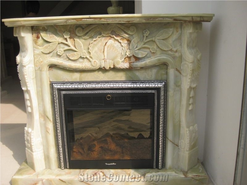 Imported Green Onyx Flower Carving Sculptured Fireplace Hearth