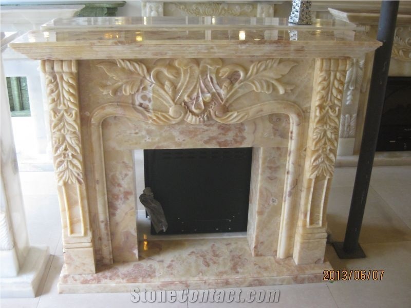 Yellow Onyx Fireplace Mantel Flower Sculptured