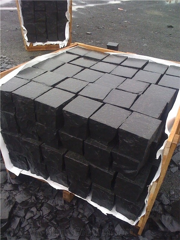 Flamed Brush Black Basalt Cube Stone