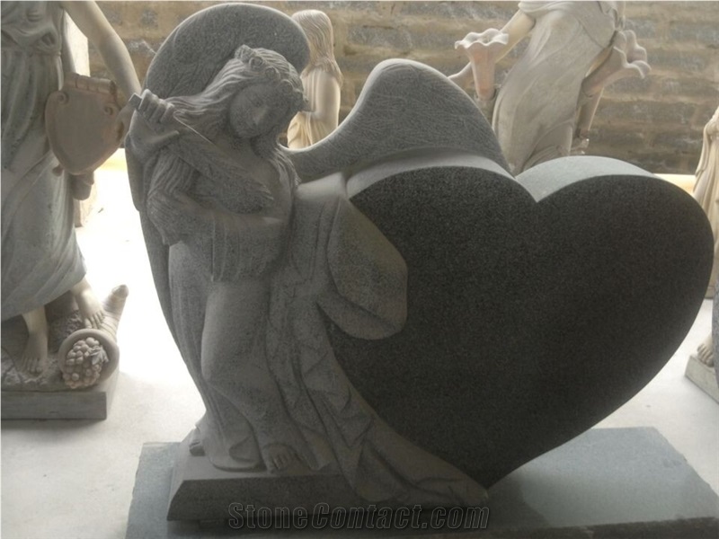 India Black Granite Double Heart Tombstone,Double Angels Monument