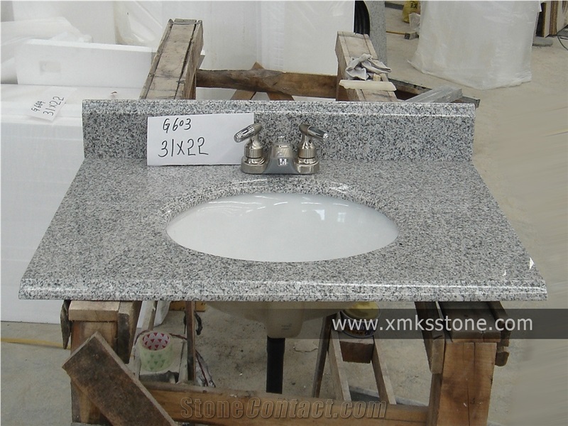 VT-1001B-S G603 Sesame White Granite Bath Top Set, With Single/Double Under Mounted Ceramic Sink, For Hotel, Apartment, Condo, Supermarket