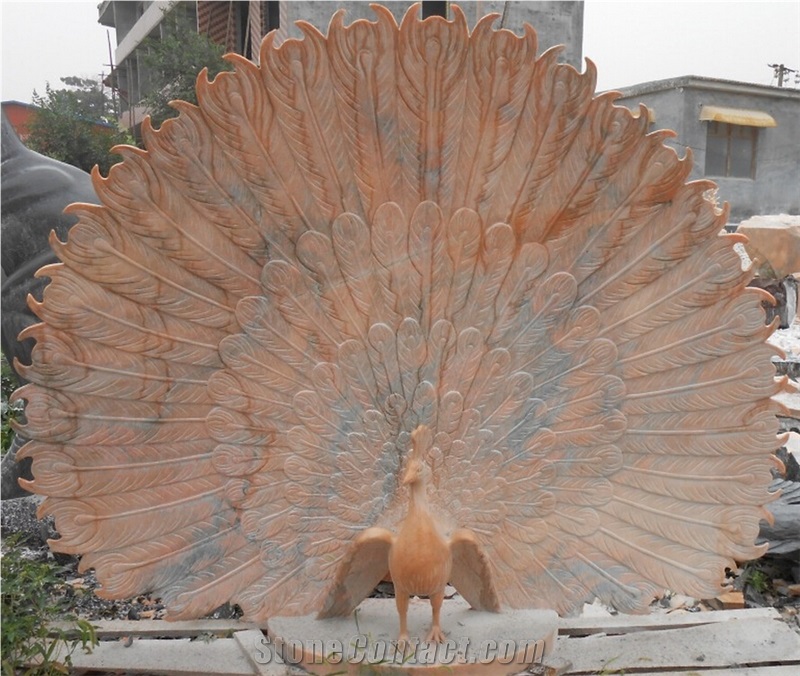 Peacock Chinese Multicolored Red Marble Sculpture & Statue
