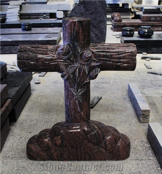 Aurora Polished Cross W/ Flower Carving Tombstone & Monument