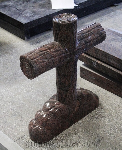 Aurora Polished Cross W/ Flower Carving Tombstone & Monument