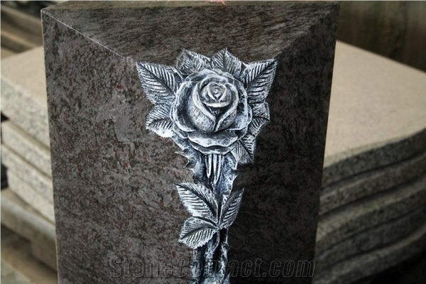 Bahama Blue Polished Heart W/ Flower Carving Tombstone & Monument