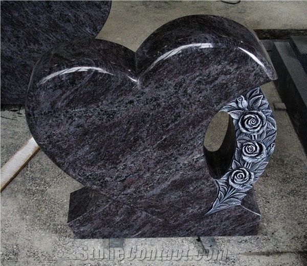 Bahama Blue Polished Heart W/ Flower Caving Tombstone & Monument