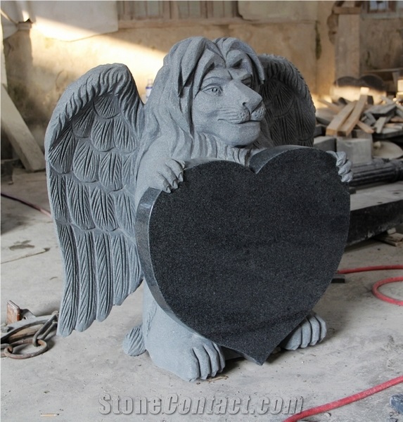 Dark Gray G654 Polished Heart and Lion with Wing Carving Tombstone & Monument