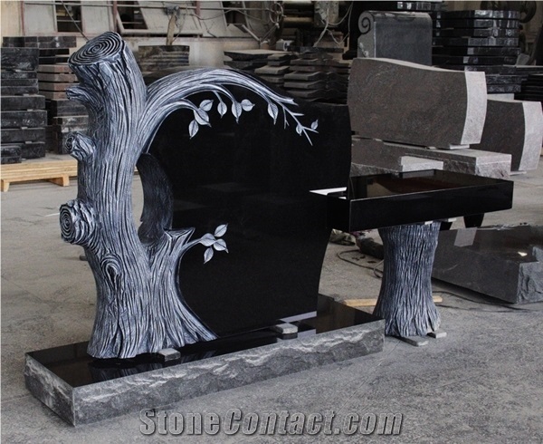 Indian Black Granite American Style Tree Shape Monuments & Tombstone Bench