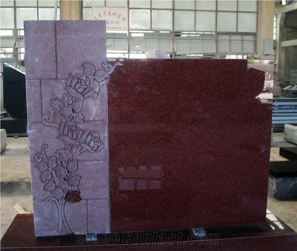 Indian Red Polished Flower Carving Tombstone & Monument