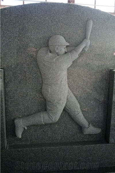 Light Gray Custom Baseball Player Carving Monument & Tombstone
