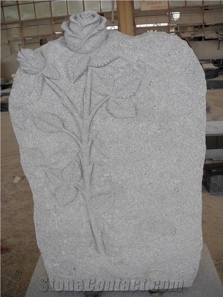 Light Gray G633 All Rock Pitched W/ Rose Carving Tombstone & Monument