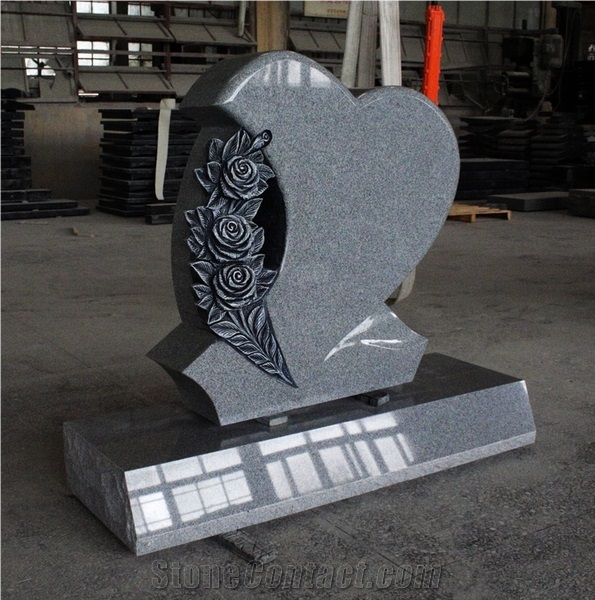 Light Gray G633 Polished Heart W/ Flower Carving Tombstone & Monument