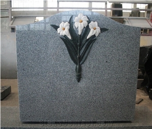 Light Gray G633 Polished Serp Top W/ Flower Carving Tombstone & Monument