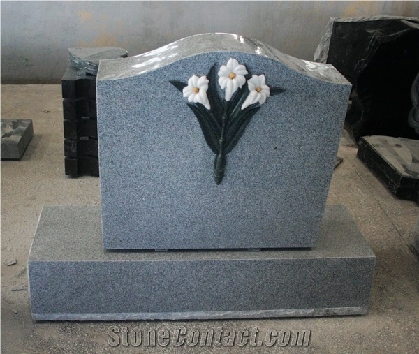 Light Gray G633 Polished Serp Top W/ Flower Carving Tombstone & Monument