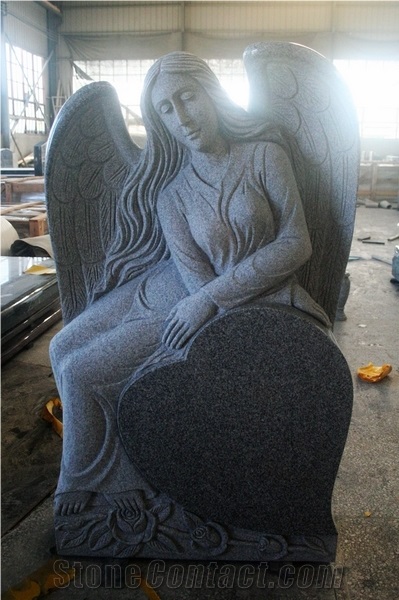 Light Gray Polished Heart with Angel Tombstone & Monument