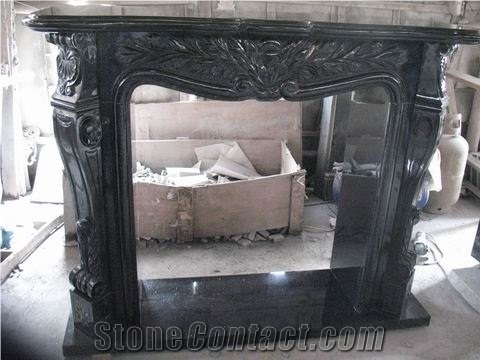 Black Galaxy Granite Fireplace,India Black Granite Fireplace Insert,Black Hand Craved Granite Fireplace Mentel