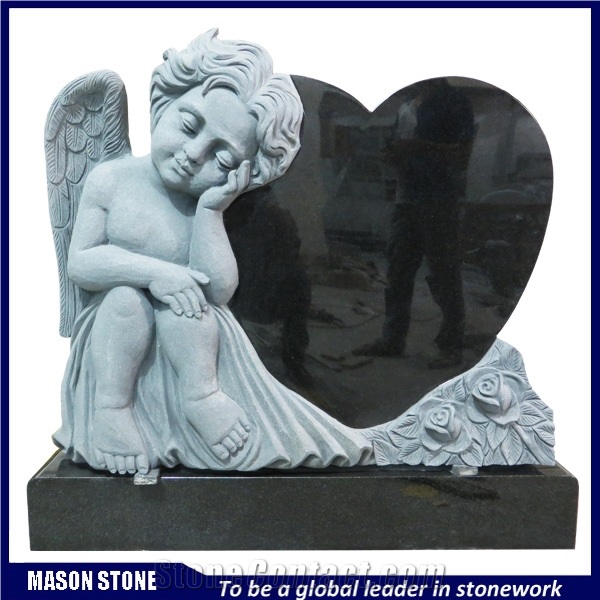 Black Granite Headstone,Angel Monuments,Angel with Heart Tombstones