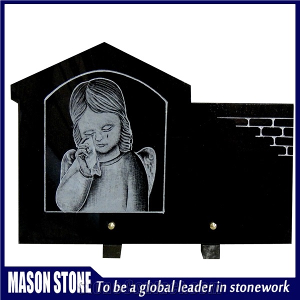 Indian Black Line Carving Plaque,French Angel Headstone