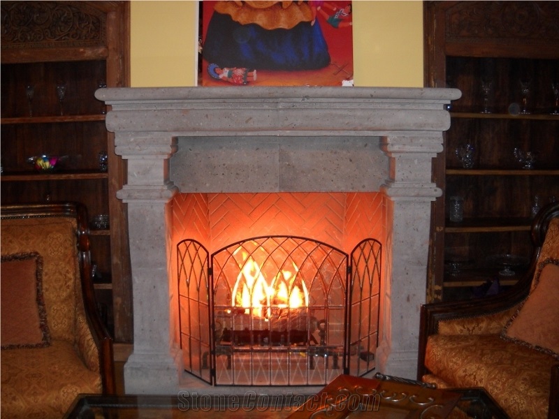 Gray Huichapan Cantera Carved Fireplace Mantel