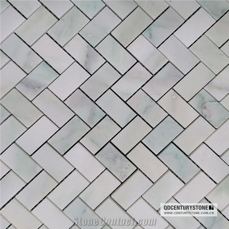 1x2 Inches Green Veins Oriental White Marble Herringbone Mosaic
