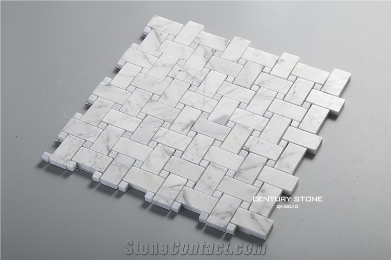 Bianco White Carrara Marble Mix Argentina Blue Mosaic Basketweave Tile