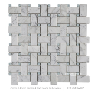 Bianco White Carrara Marble Mix Blue Quartz Basketweave Mosaic Tile