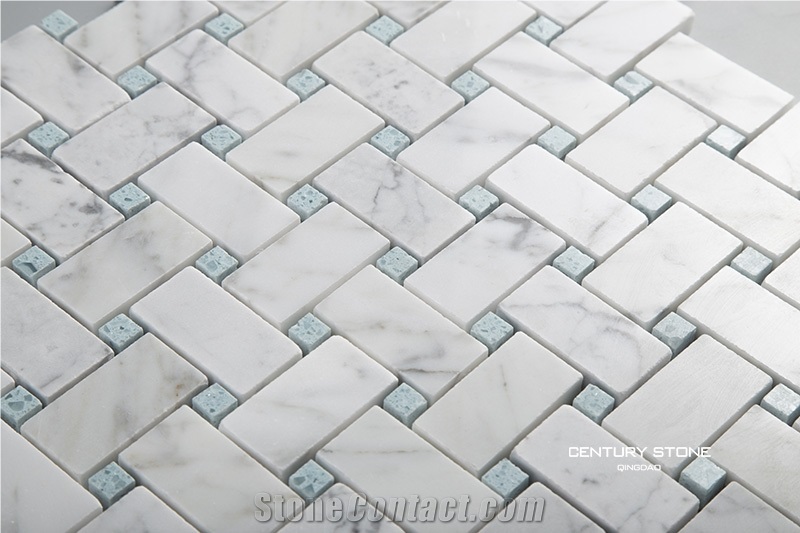 Bianco White Carrara Marble Mix Blue Quartz Basketweave Mosaic Tile