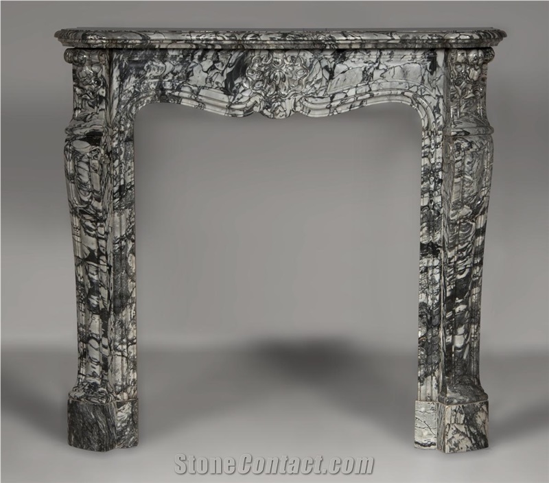 Small Antique Louis Xv Style Three Shells Fireplace Made Out Of Bleu Fleuri Marble