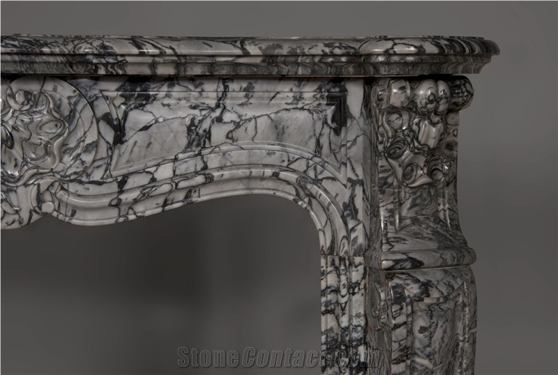 Small Antique Louis Xv Style Three Shells Fireplace Made Out Of Bleu Fleuri Marble