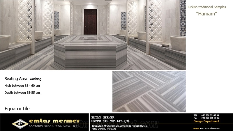 Equator Marmara Marble in Turkish Bath-Hammam Design, White Marble Bath Design