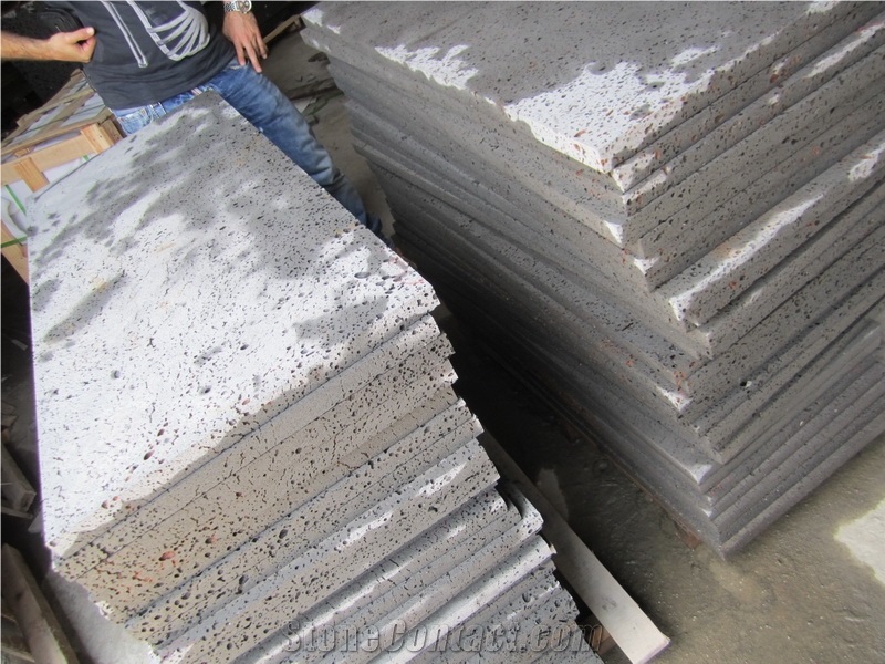 Lava Stone Moon Surface with Hole Basalto Machine Cutting Slabs Tiles, China Grey Andesite Stone for Floor Garden Stepping