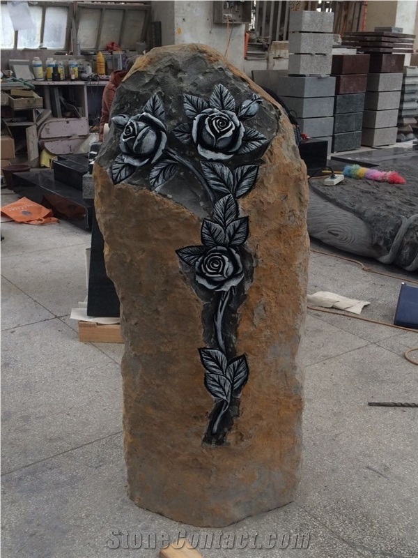 China Natural Stone Black Basalt Hand Carved Rose Flower Carvings Usa Cemetery Monuments Directly from Factory