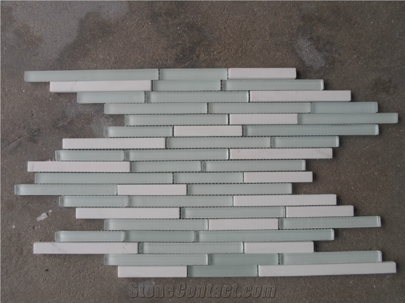 Glass Linear Strips Mosaic Mix with White Marble
