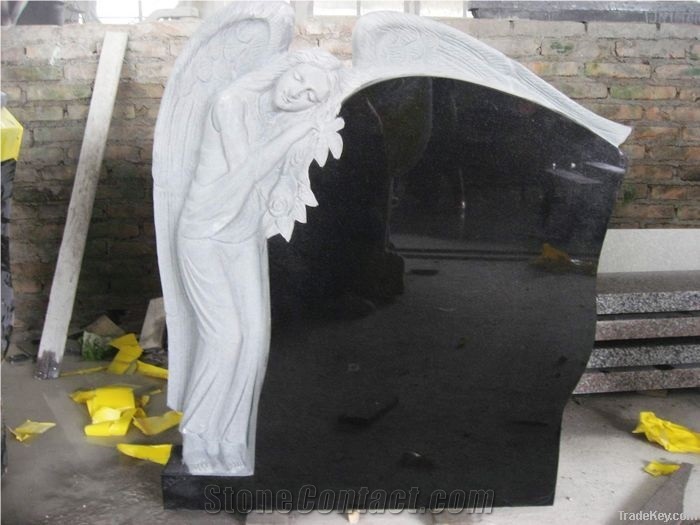 Shanxi Black Granite Angel Engraved Tombstones Western Style