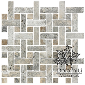 Basketweave Interlocking Marble Mosaic Tiles in 2/3x2" Silver Travertine